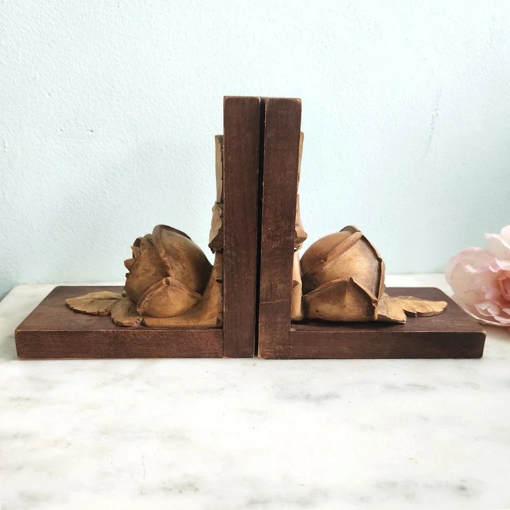 Antique Rose Wood Bookends Hand Carved‎ Floral Library French Country Decor